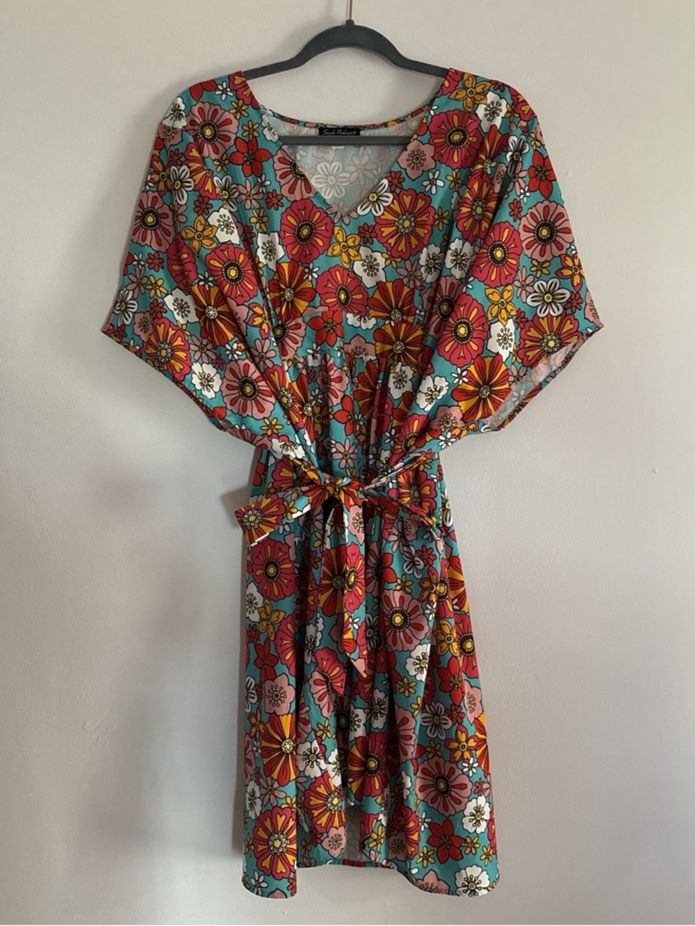 Smak Parlour Floral V-Neck Caftan Dress in Aqua, Pink & Yellow
